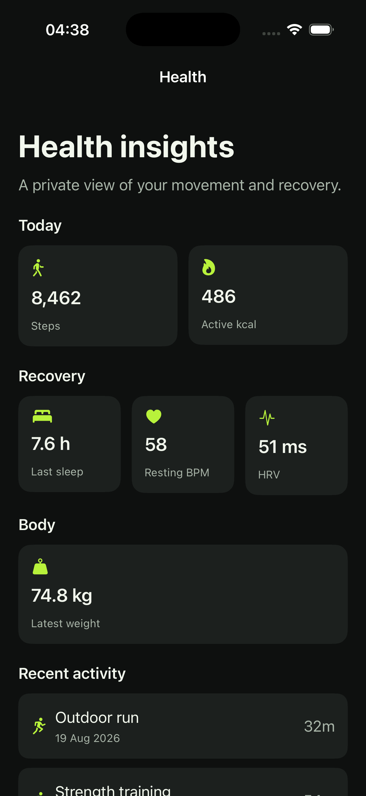 Coach iOS app showing Health insights with 8,462 steps, 486 active kcal, 7.6 hours of sleep, resting heart rate, HRV, weight, and recent workouts